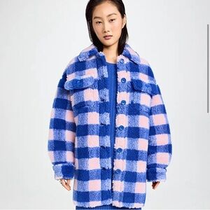Stand Studio Sabi Oversized Blue & Pink Plaid Fuzzy Shacket Jacket Sz 32 FR NEW